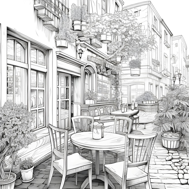 Photo coloring book beautiful scene in a cafe