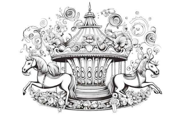 Photo coloring book black outline magical carousel beautifully decorated carousel with whimsical animals generative ai