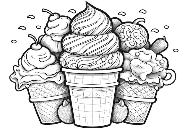 Coloring Book Black Outline Rainbow Ice Cream Delightful Array Of Ice Cream Flavors In Vibrant Colors Generative AI