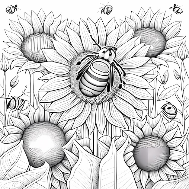 Coloring Book Buzzing Beauties Bees in a Sunflower Field Coloring Book