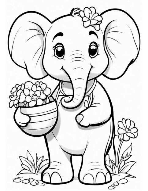 coloring book for children on Easter elephant with flowers and Easter eggs