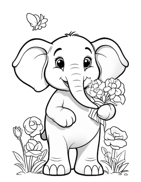 coloring book for children on Easter elephant with flowers and Easter eggs