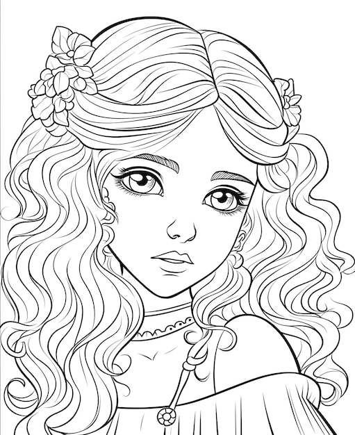 Coloring book for children portrait of a girl Selective soft focus