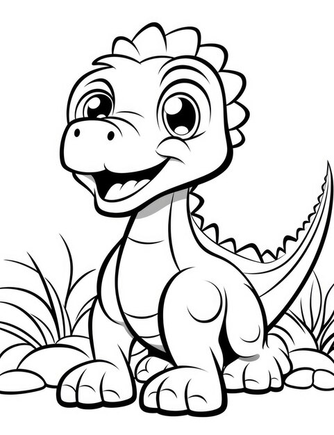 Photo coloring book for children with a dinosaur hand painted in cartoon style