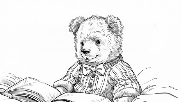 Coloring book for children with the image of a cute kind bear who reads