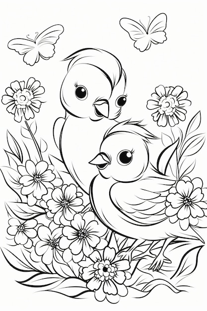 Photo coloring book of cute bird with flowers black and white pattern coloring page for kids