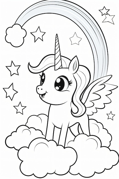 Coloring book of cute unicorn with cloud and rainbow Black and white pattern coloring page for kids