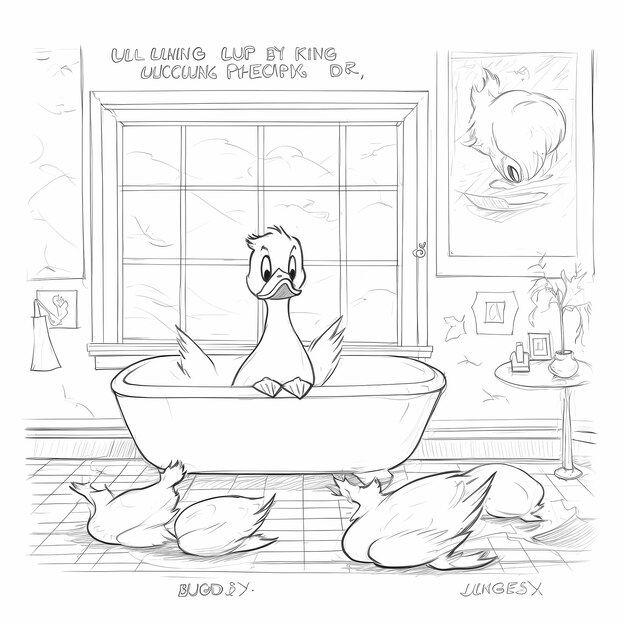 Coloring book duckling character looking through large square window