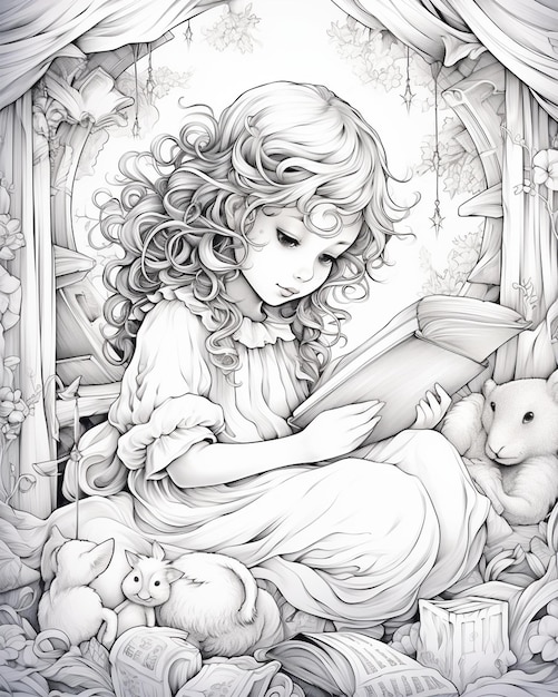 Coloring Book Featuring Girl Reading Book