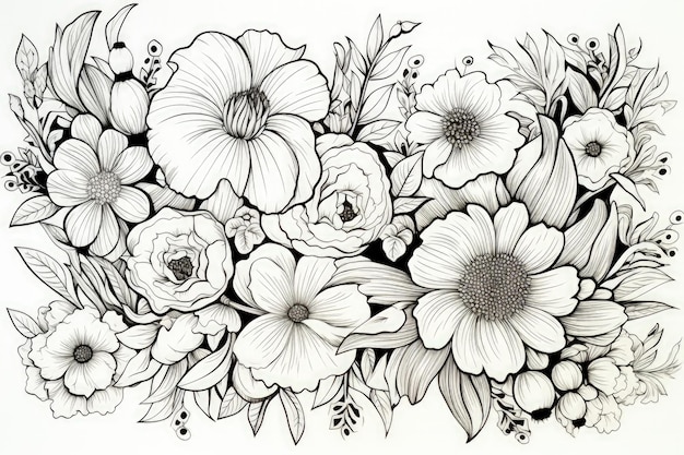 Coloring book flowers doodle style black outline