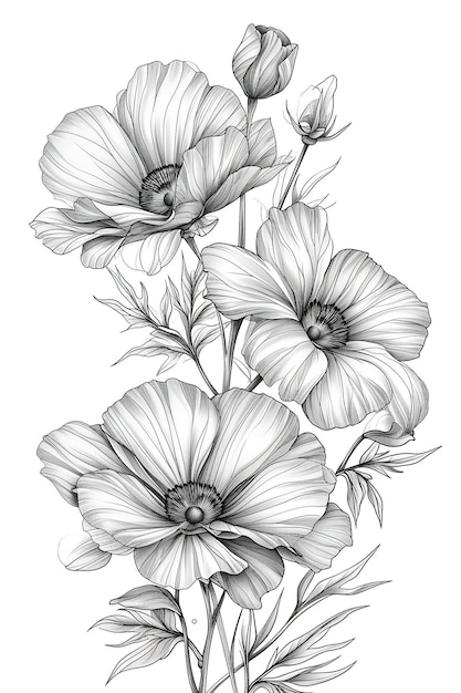 Coloring book flowers doodle style black outline