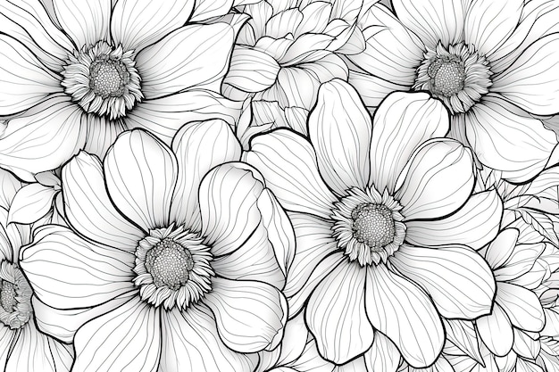 Coloring book flowers doodle style black outline