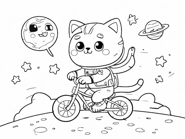 写真 子供のためのカラーリングブック 宇宙飛行士 可愛い猫 月面で自転車に乗る