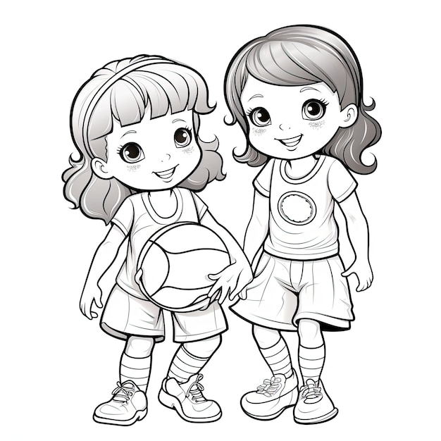 Книга для окрашивания Ручная графика двух девушек, играющих в мяч
