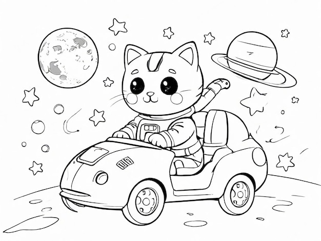 Photo coloring book for kids cat riding a sport car