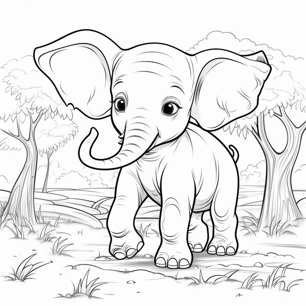 Photo coloring book page of cute elephant for kids