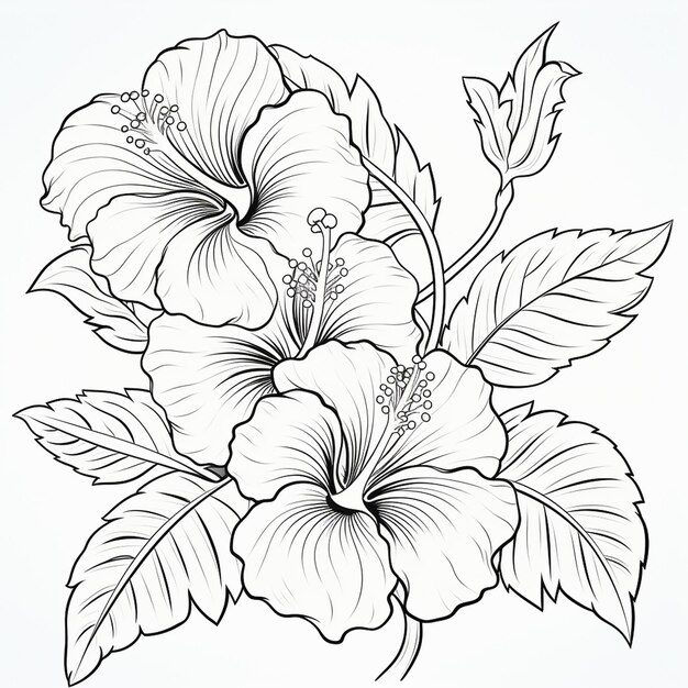 Photo coloring book page featuring simple hibiscus heavy