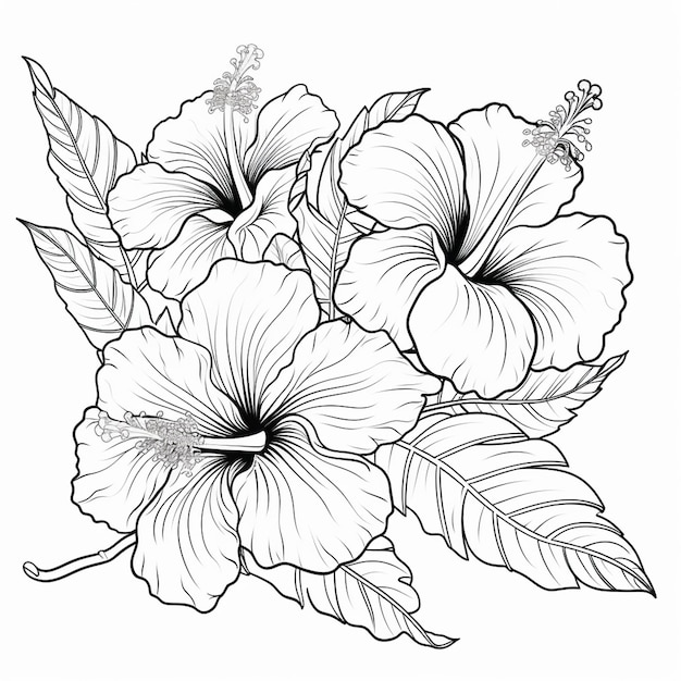 Photo coloring book page featuring simple hibiscus heavy