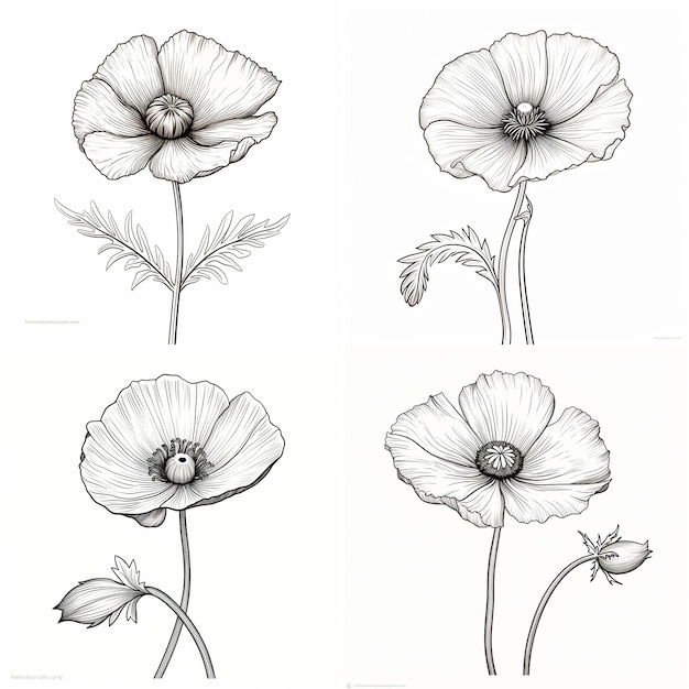 Photo coloring book page featuring simple poppy heavy line