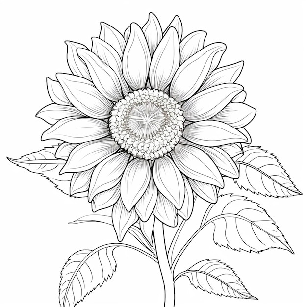 Photo coloring book page featuring simple sunflower heavy