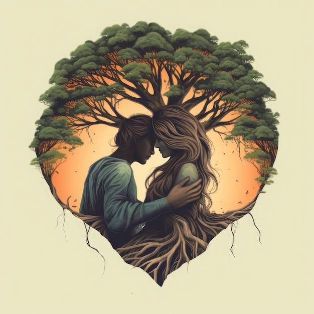 Photo coloring book page illustration of the couple with heart forming through the branches of the leaves