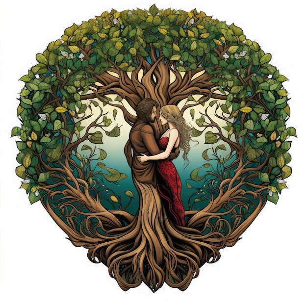 Coloring book page illustration of the couple with heart forming through the branches of the leaves