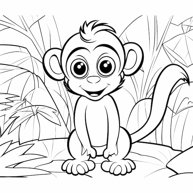 Photo coloring book page for kids cartoon style cute baby monkey simple black and white line ar