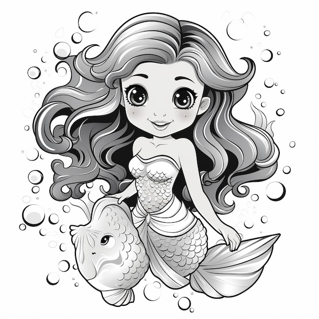 Photo coloring book or page for kids cute mermaid black and white simple cartoon