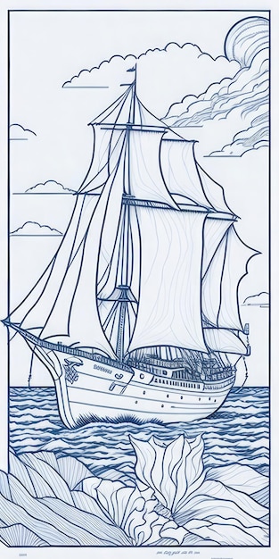 Photo coloring book page of sailing ship in the sea