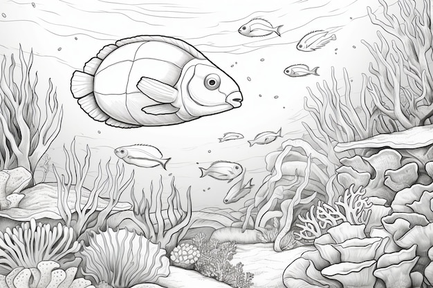 a coloring book page of an underwater scene