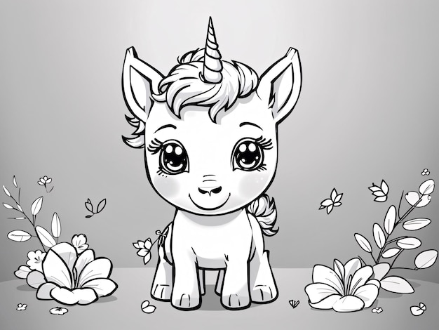 Photo coloring book page of a whimsical cute unicorn