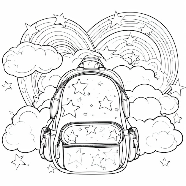 彩虹の星 ピンクの学校のバッグ 愛と雲のバックパック カラーページ
