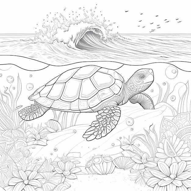 coloring book sea turtle drawing a mandala in a shore of the beach