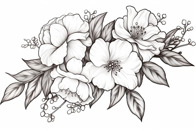 Photo coloring book style hand draw botanical floral elements