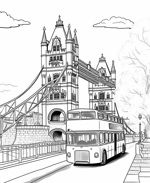 Photo coloring book style page with tower of london and cartoon bus