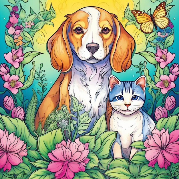 Coloring book with a dog and cat in a garden generative ai