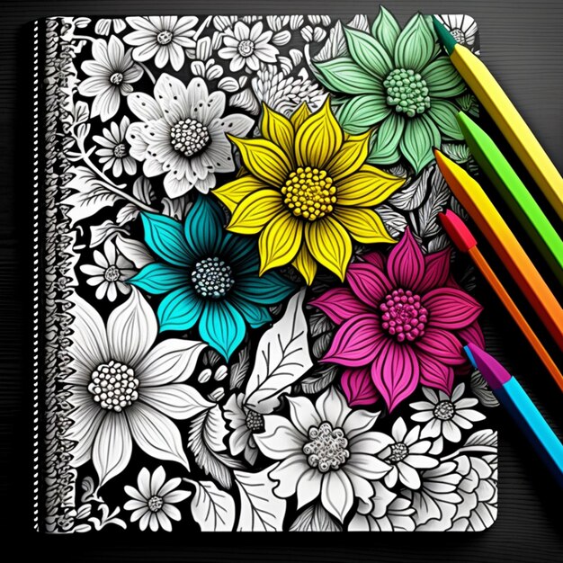 Foto libro da colorare con fiori e matite colorate su un tavolo generativo ai