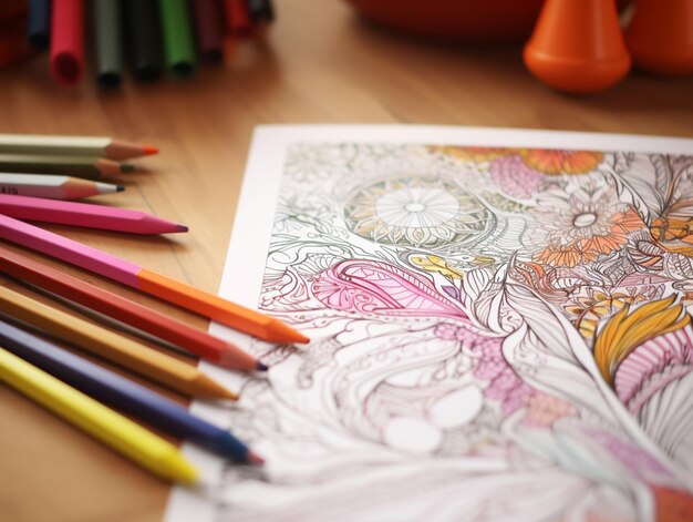 Photo coloring books and colored pencils on a table with a vase generative ai