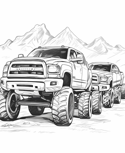 coloring page 4 different racing monster truck pickups in a line realistic android styling