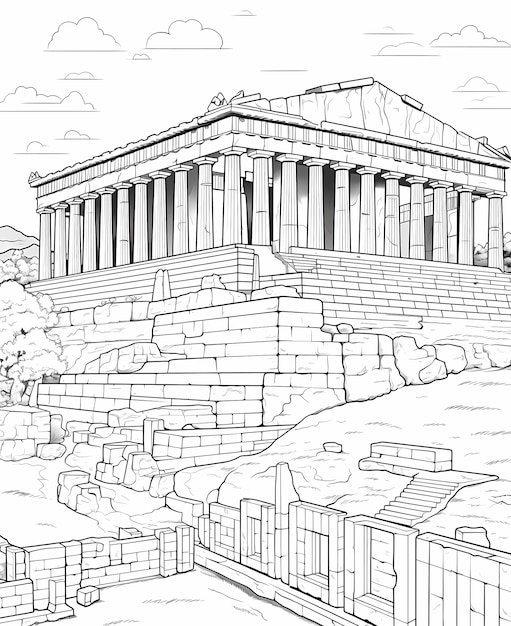 Photo coloring page for adults acropolis athens greece steve ditko style in line art coloring page