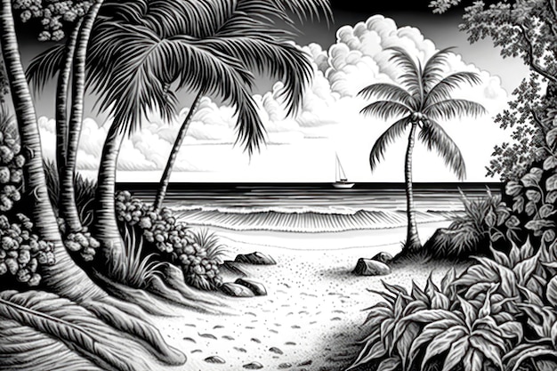 Photo coloring page for adults beach with palm greyscale