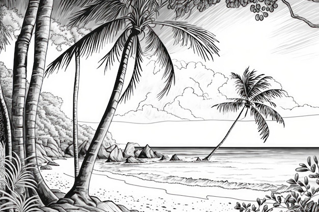 Photo coloring page for adults beach with palm greyscale