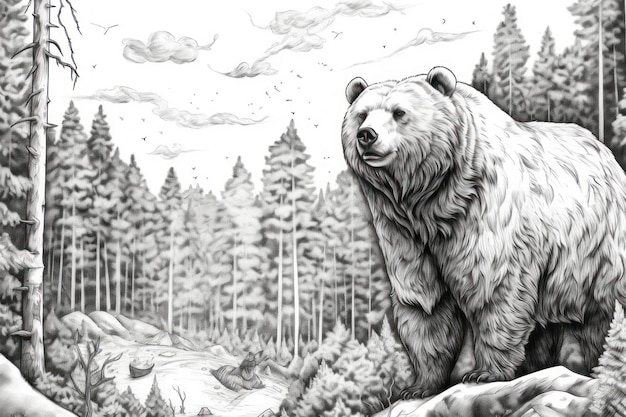 Coloring page for adults big bear in forest