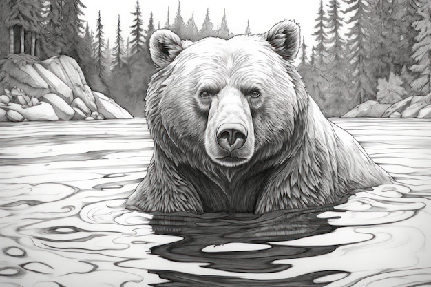 Coloring page for adults big bear in lake