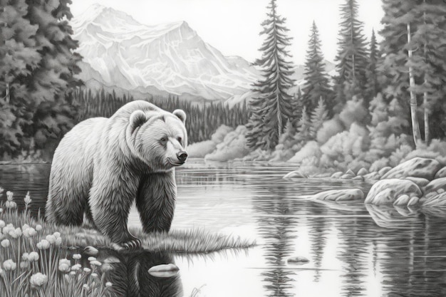 Coloring page for adults big bear in lake