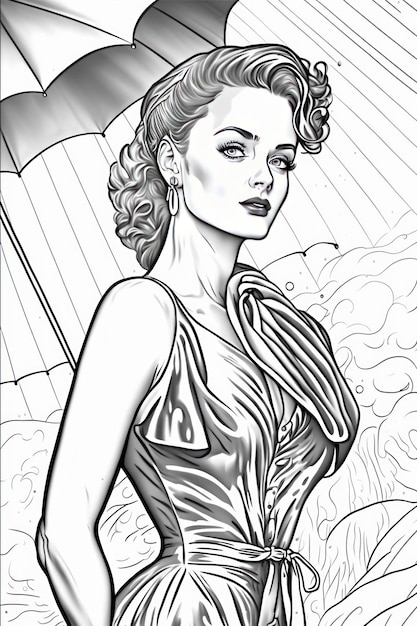 Coloring page for adults fashion model greyscale