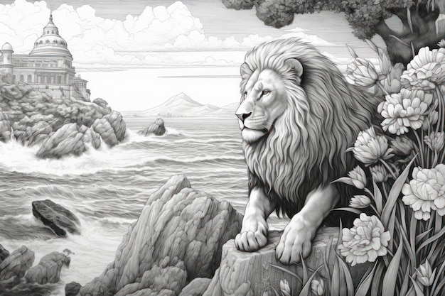 Coloring page for adults lion on the clift near ocean