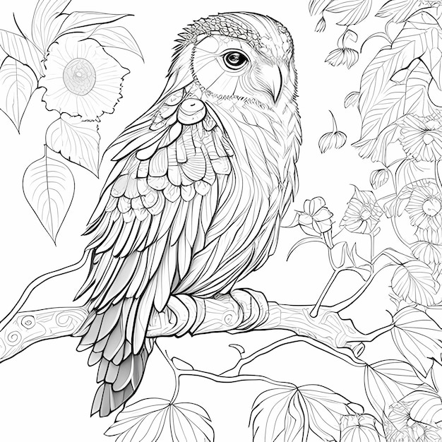 Coloring page for adults sad owl parrotclean line art