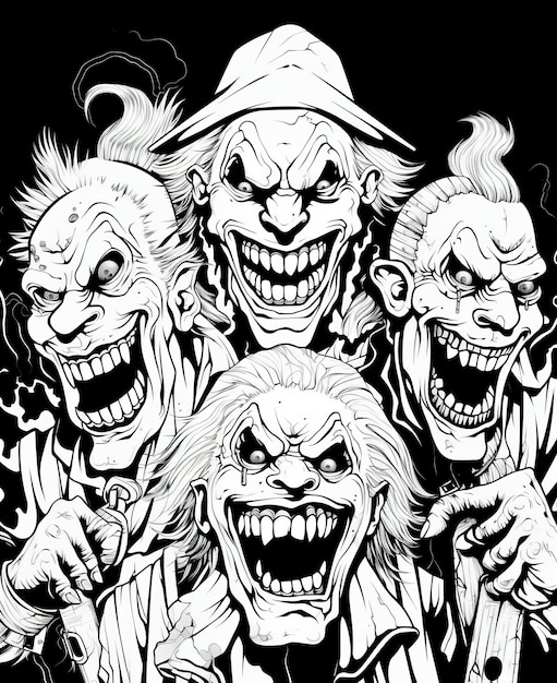 Coloring page for adults scary and sarcastic clowns