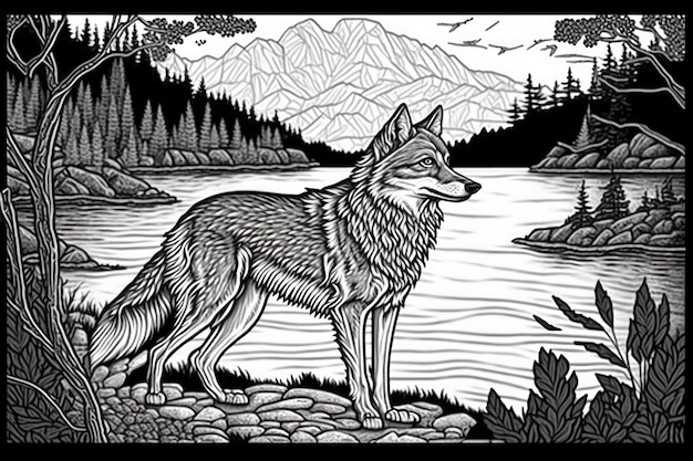 Photo coloring page for adults wolf in the lake greyscale